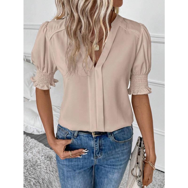 Summer Women's Shirt V-neck Temperament Bubble Sleeve Solid Colour Shirt Short Sleeve Top
