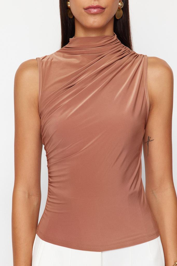 Women's Style Blouse Green Zero Sleeve Gathered, Fitted, Flexible Knitted Blouse