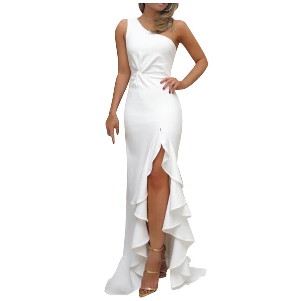 Women One Shoulder Split Ruched Ruffle Formal Evening Dress Slim Maxi Dresses