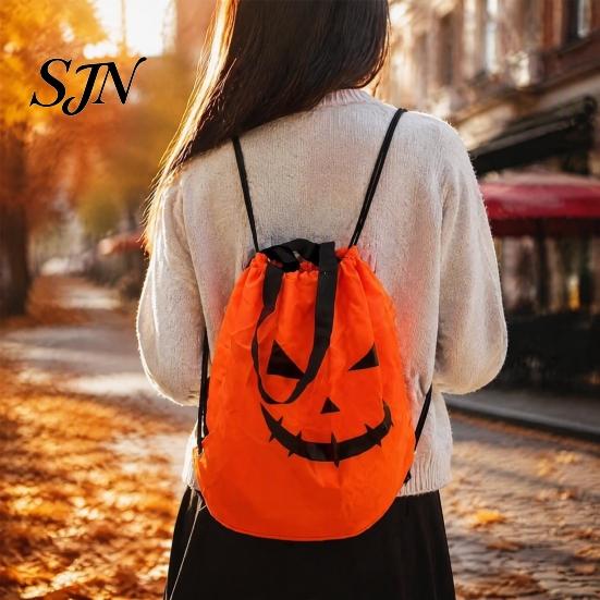 Costume Accessory LED Drawstring Pumpkin Backpack for Kids, Halloween Light Up Candy Bag with Durable Polyester Holder String Light, Reusable Trick or