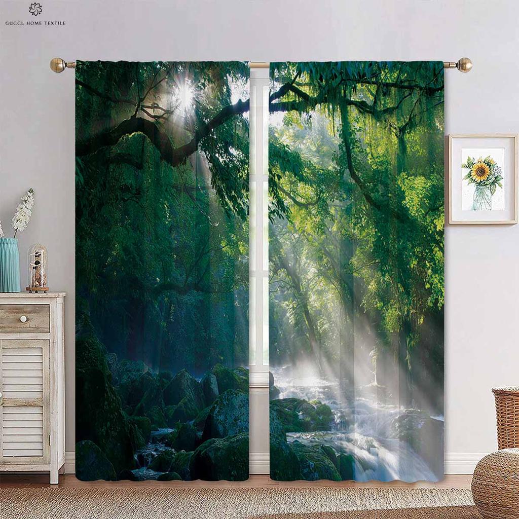 Green Forest Autumn Woods 3d Printing Curtains Tyndall Effect Bedroom Living Room Kitchen Decorative Curtains 2 Pieces