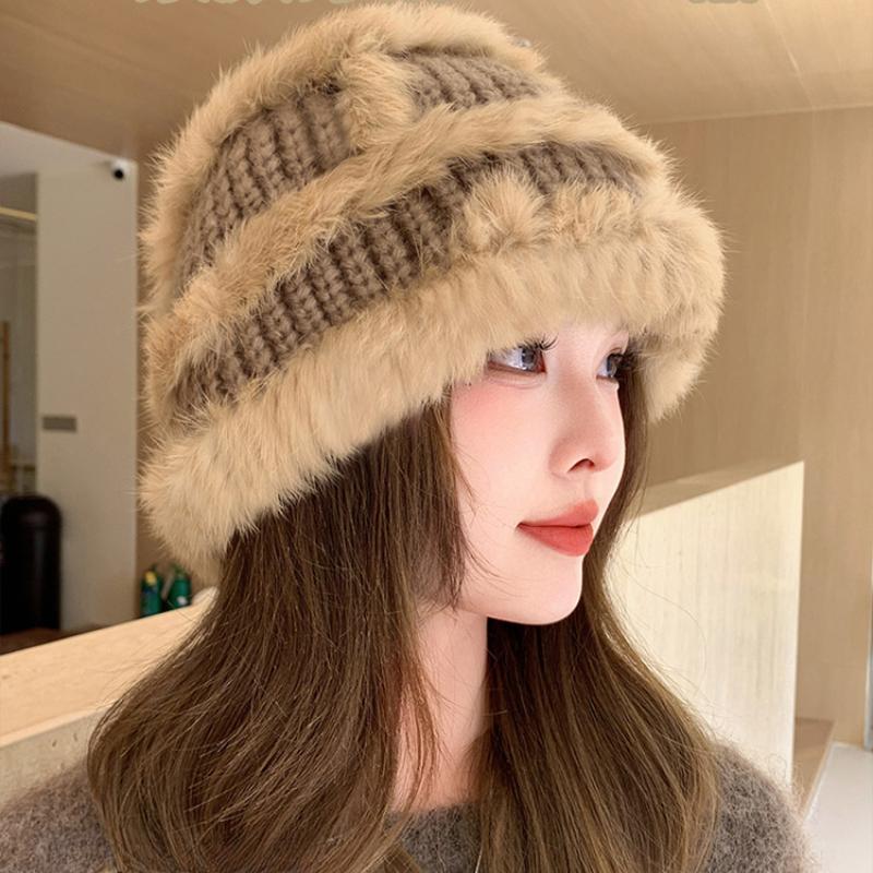 Вязаная шапка-ведро из меха кролика, женская, зима 2023, новая плюшевая утолщенная термошапка с изображением маленького лица