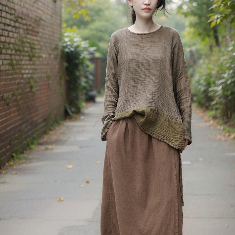 Johnature Однотонная футболка с длинными рукавами и круглым вырезом, женская осенняя мода, винтажный стиль, свободная футболка