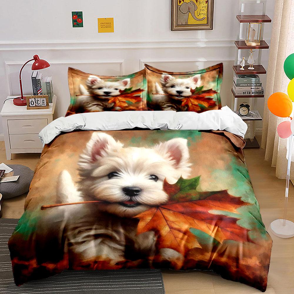 Cute Dog Autumn Decoration Set Bedding Set with 1 Duvet Cover 2 Pillowcases Single Double King Queen, Gift