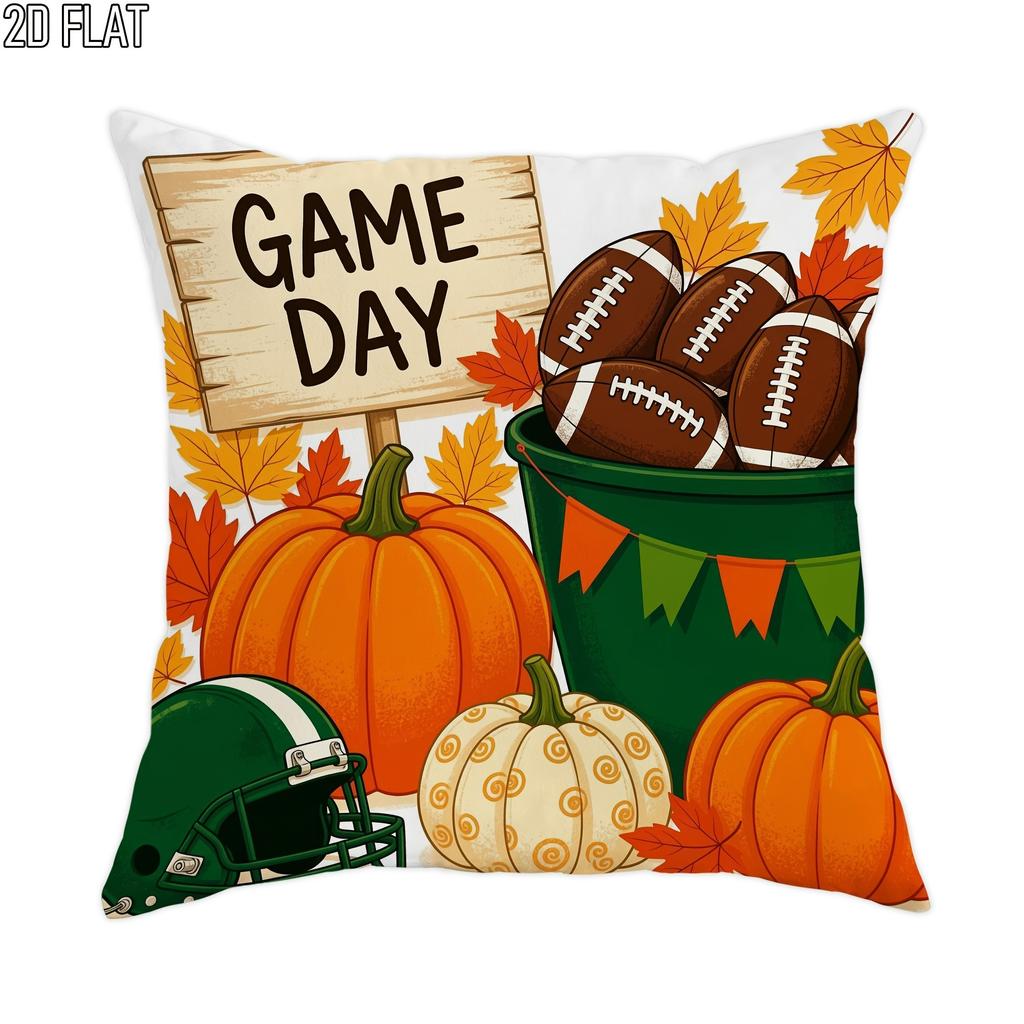 1pc 2D Flat Throw Pillow Covers Autumn Game Day Pumpkins Footballs Helmet Rustic Orange Green Brown Soft Velvet Washable Pattern Pillow Covers Living