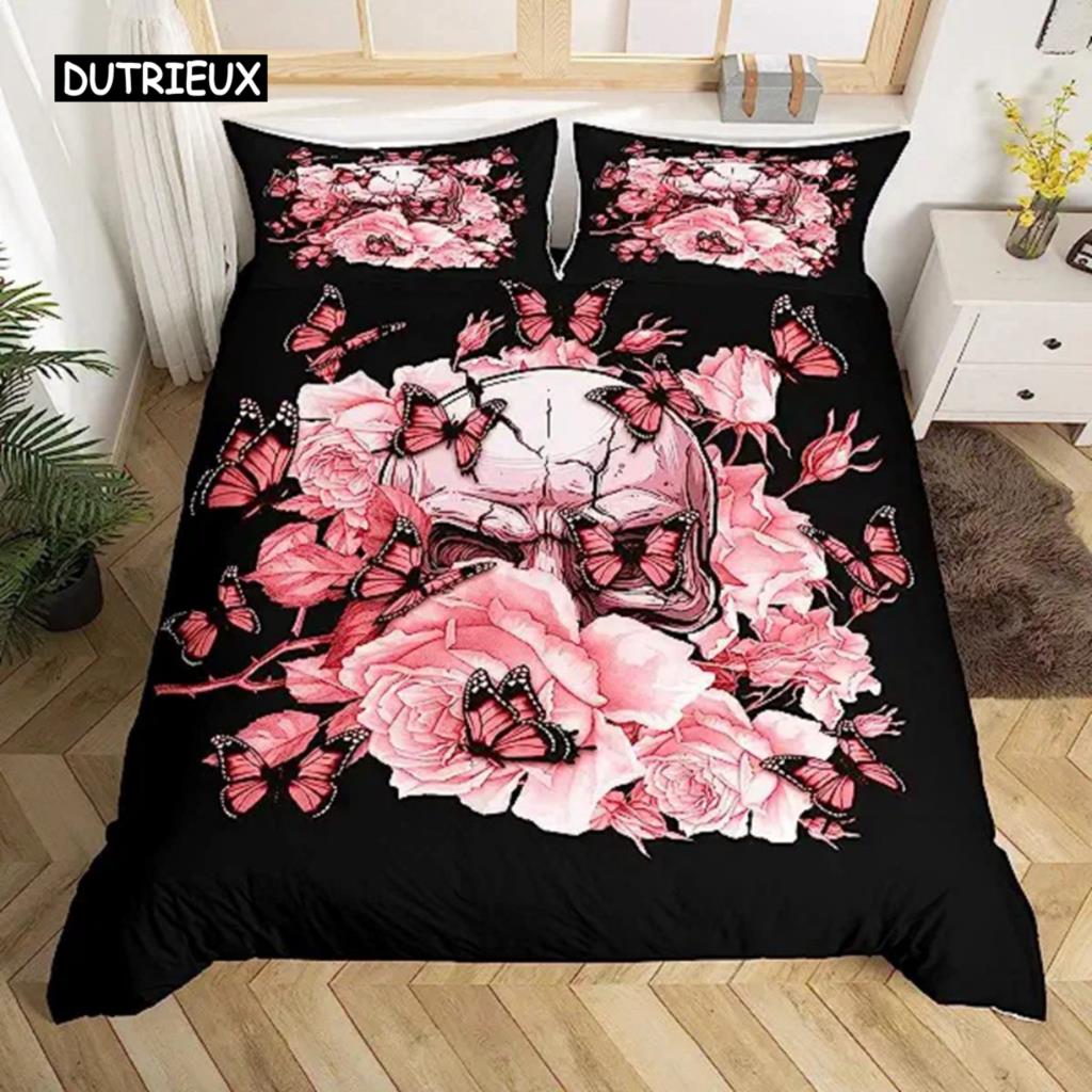 Sugar Skull Duvet Cover Teen Girl Bedding Set Sugar Skull Decor Bedding Skull Skeleton Roses Floral Print Duvet Cover Decorative