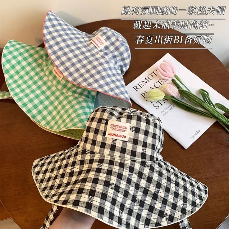 Dopamine Bucket Hat Women's High Sense Summer New Hat Plaid Visor Big Brim Sun Protection Hat