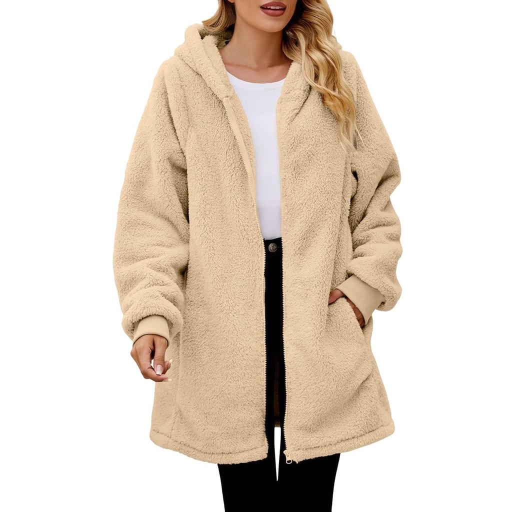 Women's Fashionable Coat Solid Color Long Sleeved Pocket Loose Hooded Zipper Plush  Jacket