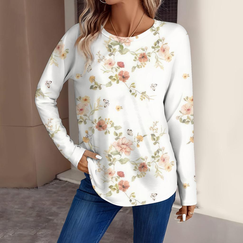 Женская мода повседневный топ с длинным рукавом с цветочным принтом и круглым вырезом