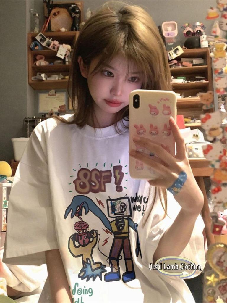 Корейский женский свободный летний топ с короткими рукавами Dongdaemun Cartoon Graffiti Robot