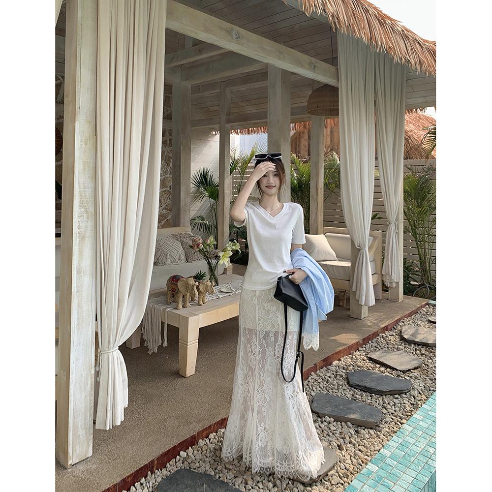 Женская синяя рубашка-жакет с кружевными вставками - корейский дизайн 2025 года, свободный крой, защита от солнца для лета