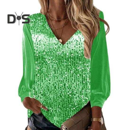 Fall Spring Women Top Shiny Sequin V Neck Long Sleeve Patchwork Loose Pullover Soft Breathable Mid Length Lady Commute Shirt Blouse