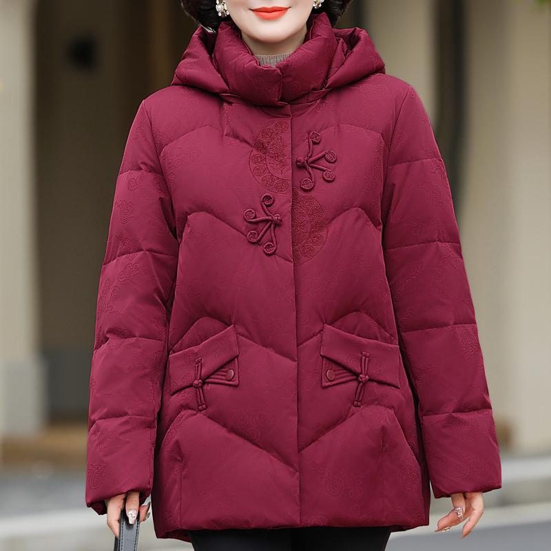 Middle Age Women Winter Short Down Jackets Vintage Embroidery Parkas Hooded Elegant Thick Warm Plus Size Down Coats Woman Outerwears