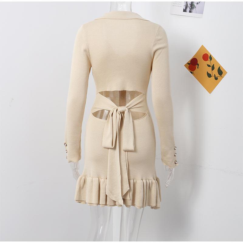 Элегантное трикотажное мини-платье с оборками, женское пэчворк, длинный рукав, V-образный вырез, бант, открытая спина, однобортное платье, женское вечернее платье