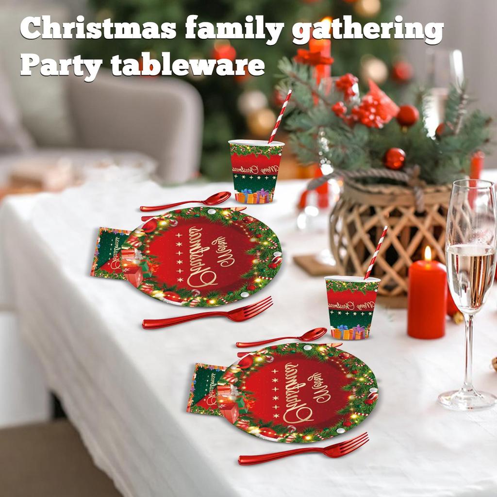 Christmas Party Tableware, Family Gathering Disposable Plates, Napkins, Cups, Decorations