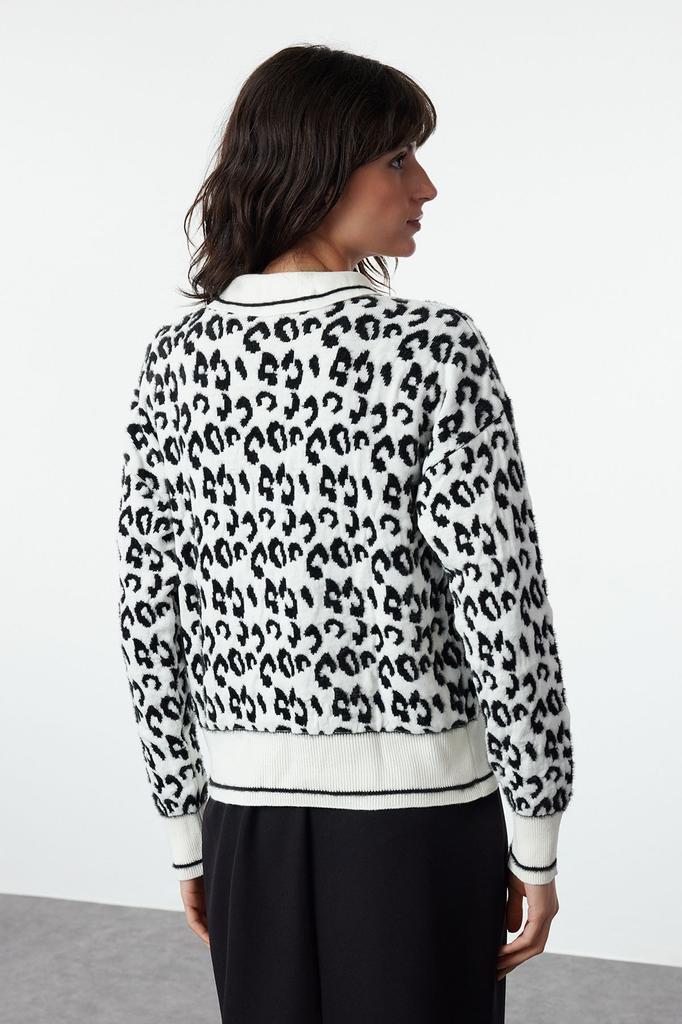 Женский модный стильный кардиган, черный мягкий текстурированный леопардовый узор, воротник-поло, трикотаж, кардиган