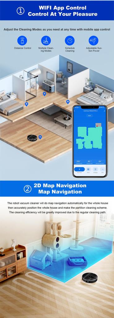 Liectroux N7S-U Robot Vacuum Cleaner 5200 mAh Battery Capacity 6000 Pa Maximum Suction Power APP & Voice Control