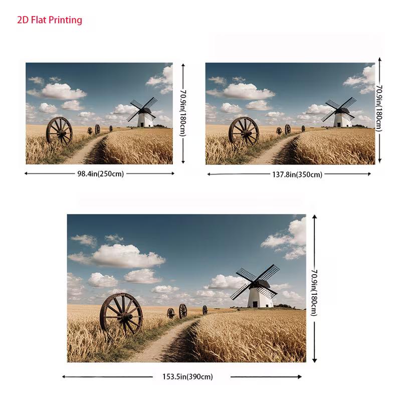 2D Farm Windmill Backdrop Rustic Wheat Field Path Country Party Background Cloth