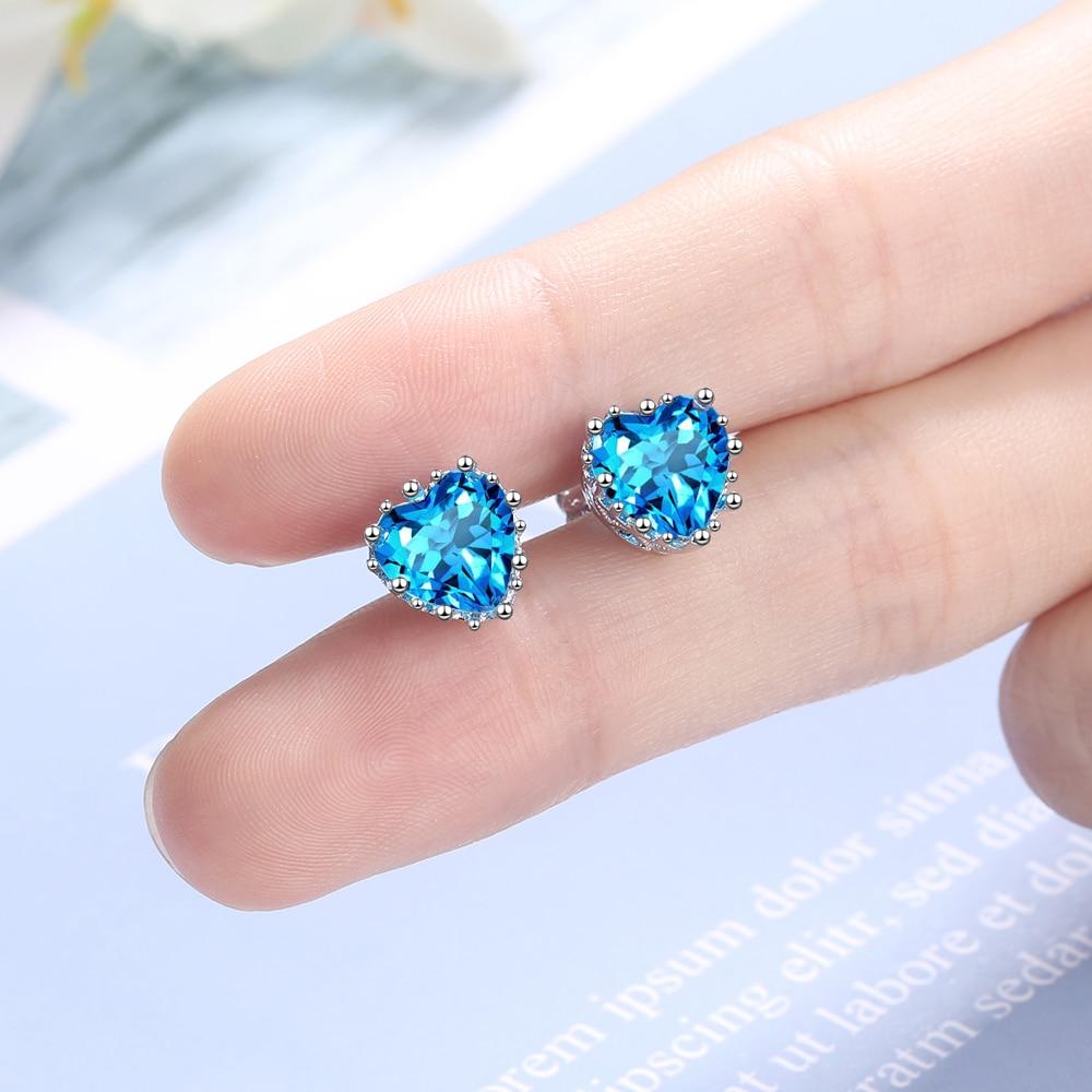 Sterling Tone Love Heart Women Ear Studs High End Female Crystal Stone Blue Cubic Zircon Stud Earrings Nuptial Wedding Occasion Celebration