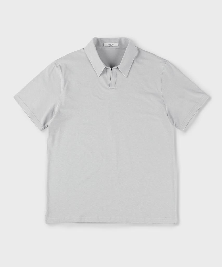 PANICALE Grey Johnny Collar Cotton Linen Polo Shirt