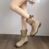 Single Boots Thin Sleeve Martin Boots Pile Boots Retro Medium Boots Women's 2025 Autumn and Winter New Flat Short Boots Women's