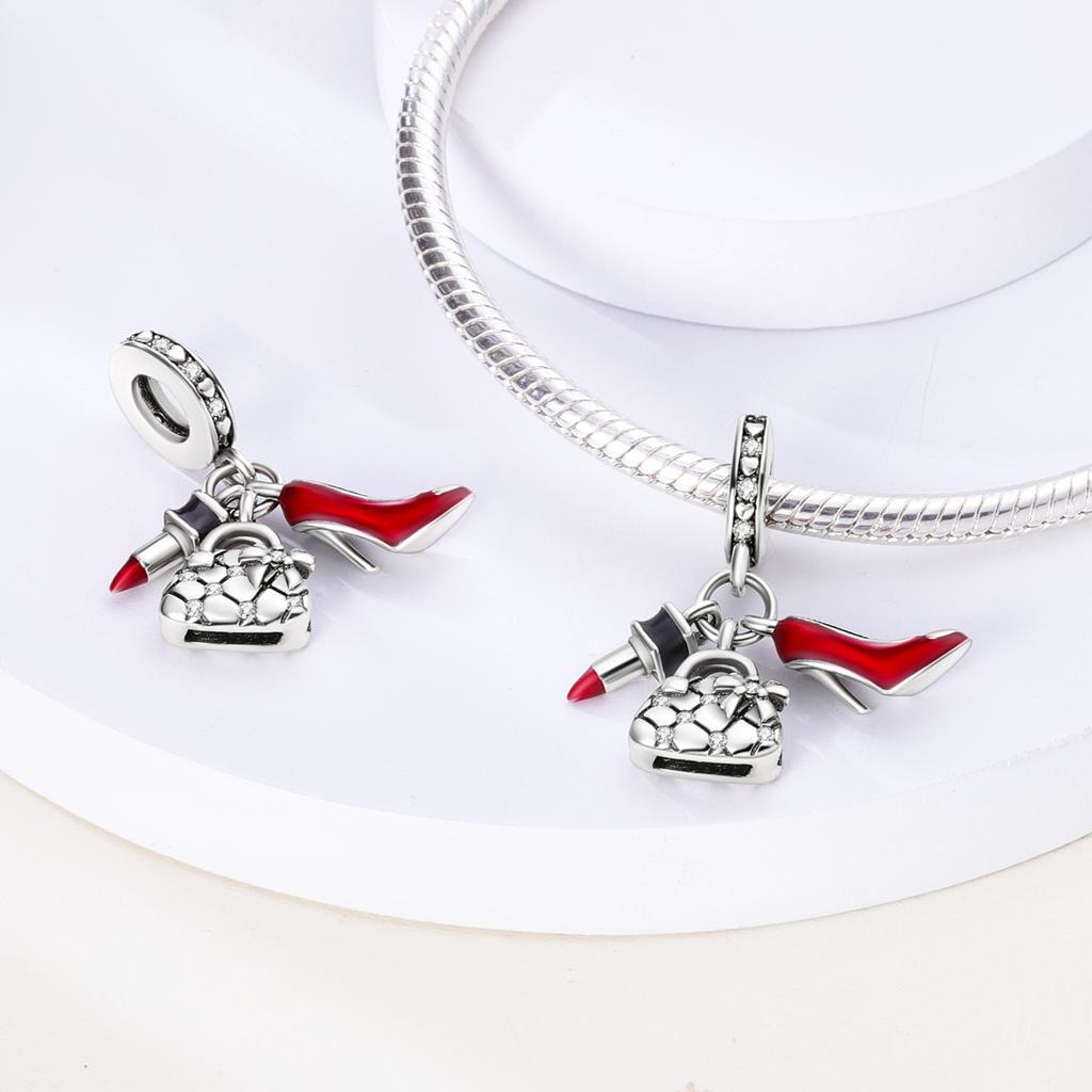 925 Silver Lipstick High Heels Charms For Lady Pendant Fit Bracelet DIY Ornament