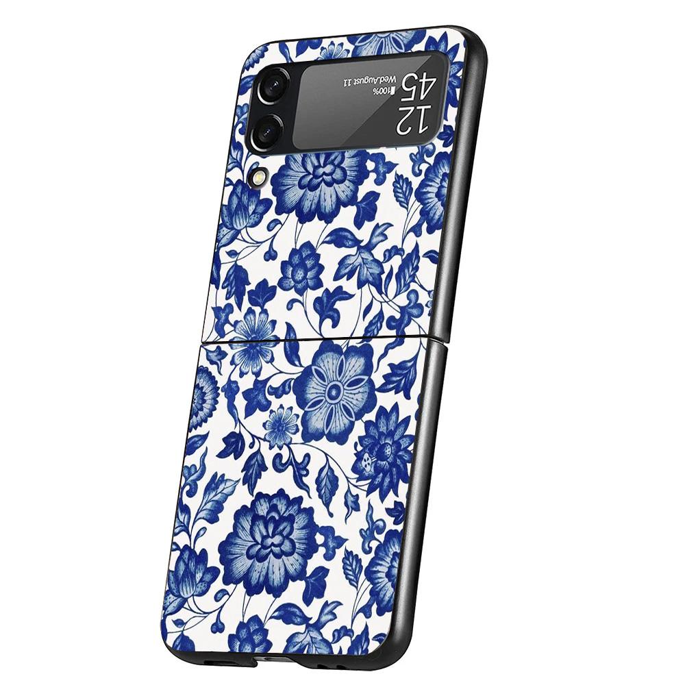 Blue And White Porcelain Case Phone Cover for Samsung Galaxy Z Flip 7 6 5 4 3 5G ZFlip7 ZFlip6 ZFlip5 ZFlip4 ZFlip3 Black Fundas