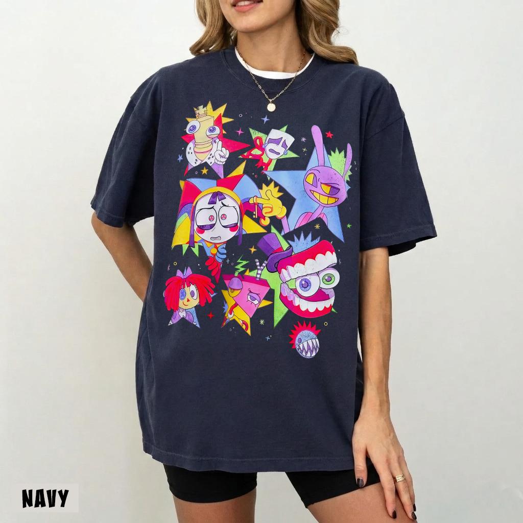 2026 Colorful Fantasy Circus Multicharacter Graphic Tshirt Unisex Loose Fit Cartoon Star Art Print Urban Street Style Casual Tees