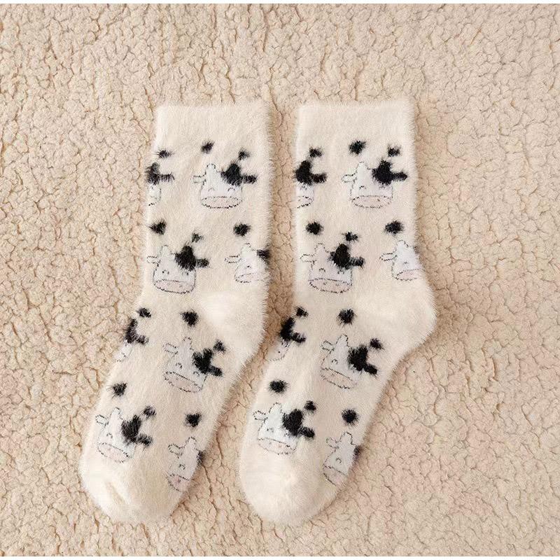 3 Pairs Cute Cow Spots Print Sock Thickened Warm Coral Fleece Women's Socks