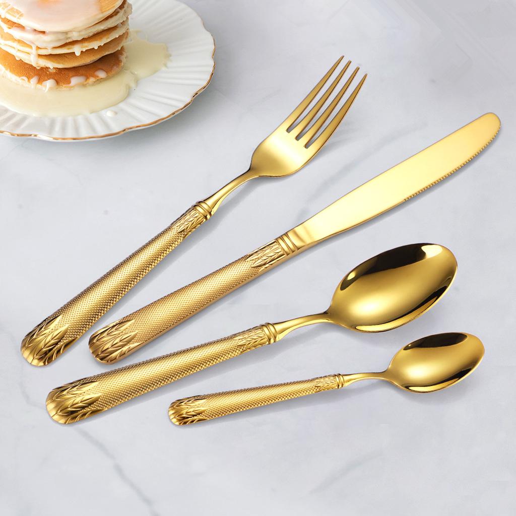 Thicken Handle Steak Knife Fork Stainless Steel Retro Wheat Ears Relief Tableware Dessert Spoon Teaspoon Western Luxury Cutlery