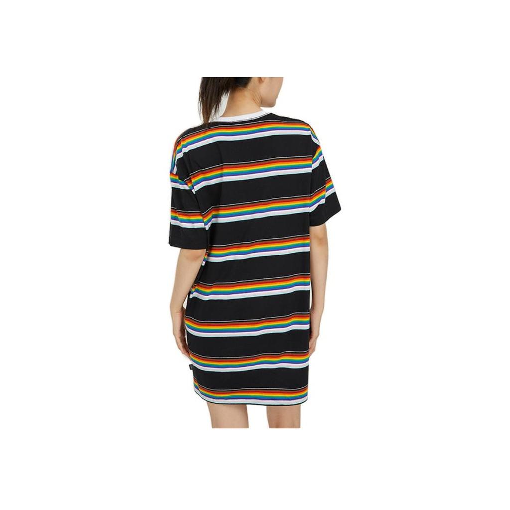 Vans Logo Print Color Block Striped Round Neck Short Sleeve Dress Women Dresses Black VN0A7RKOBLK