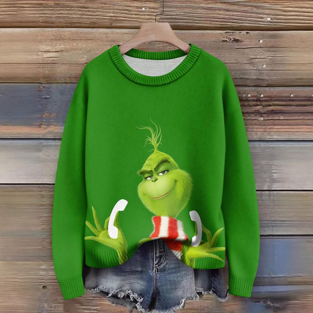 Long Sleeve Pullover Sweaters For Women O Neck Casual Cute Printing Knit Oversized Sweater