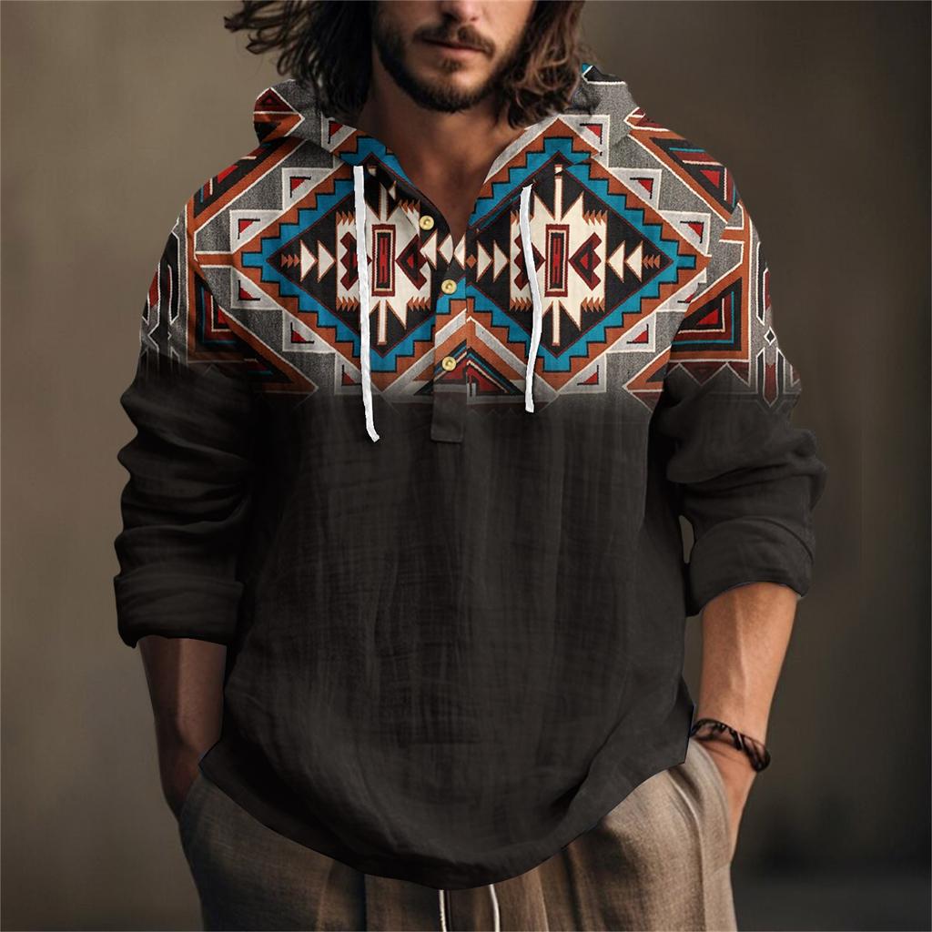 Printed Men's Cotton And Linen Shirt Hooded Long-sleeved Hooded Spring And Summer Casual Daily Wear