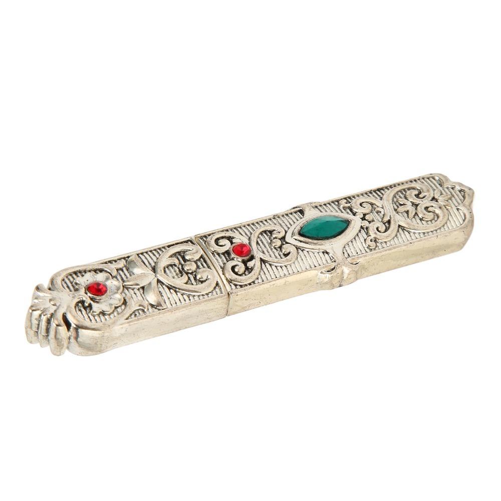 Rhinestone Embellished Needle Holder Tube Antique Silver Finish Needle Carry Case For Embroidery