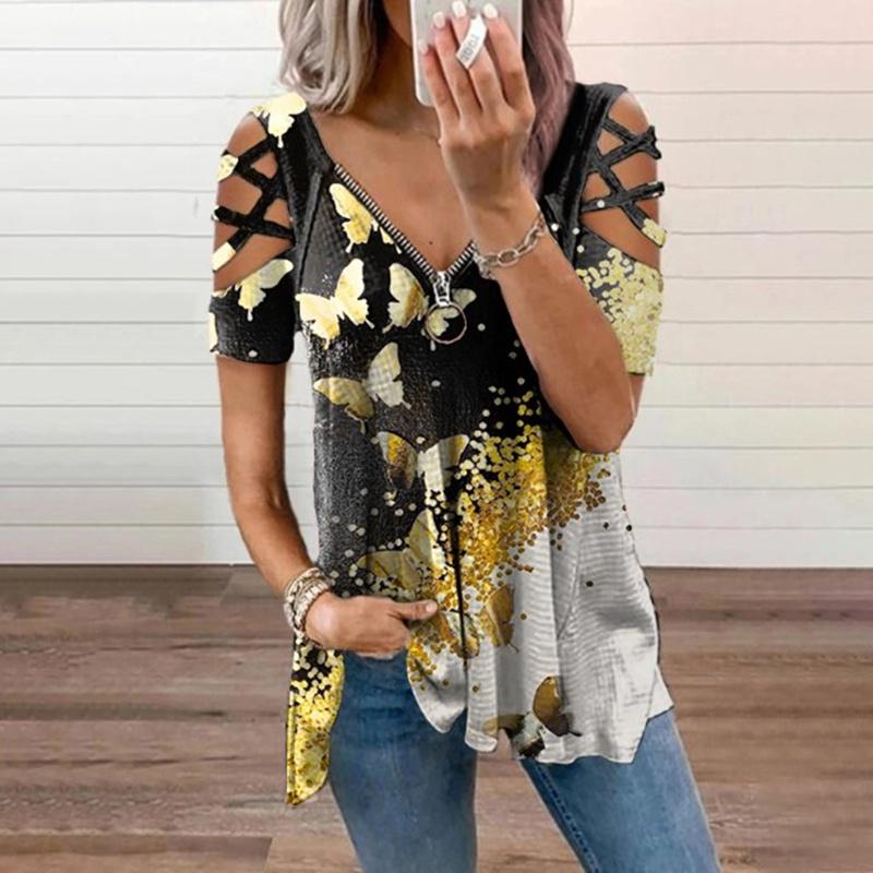 Женская летняя одежда Повседневная с открытыми плечами Топы с короткими рукавами Глубокий V-образный вырез Блузки на молнии Женская мода Футболка Свободные Большие размеры