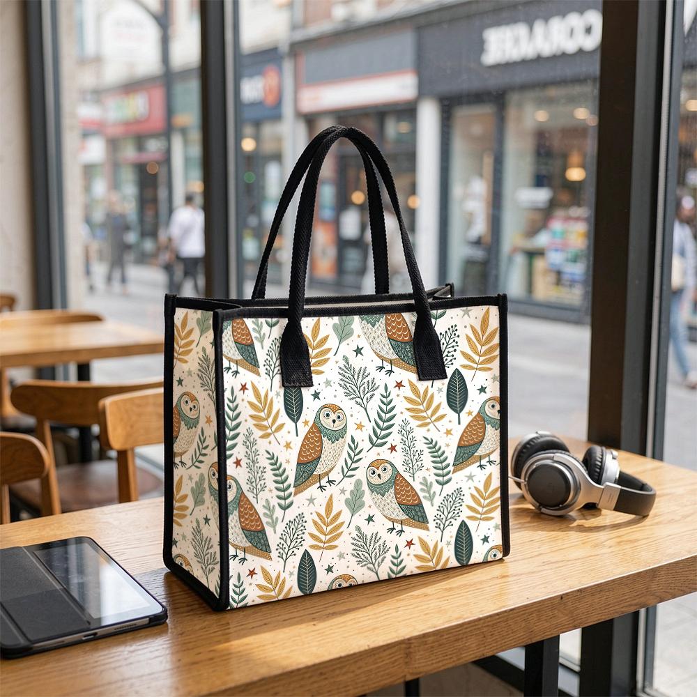 Cute Owl Pattern Canvas Tote Bag for Daily Shopping Casual Portable Reusable Handbag