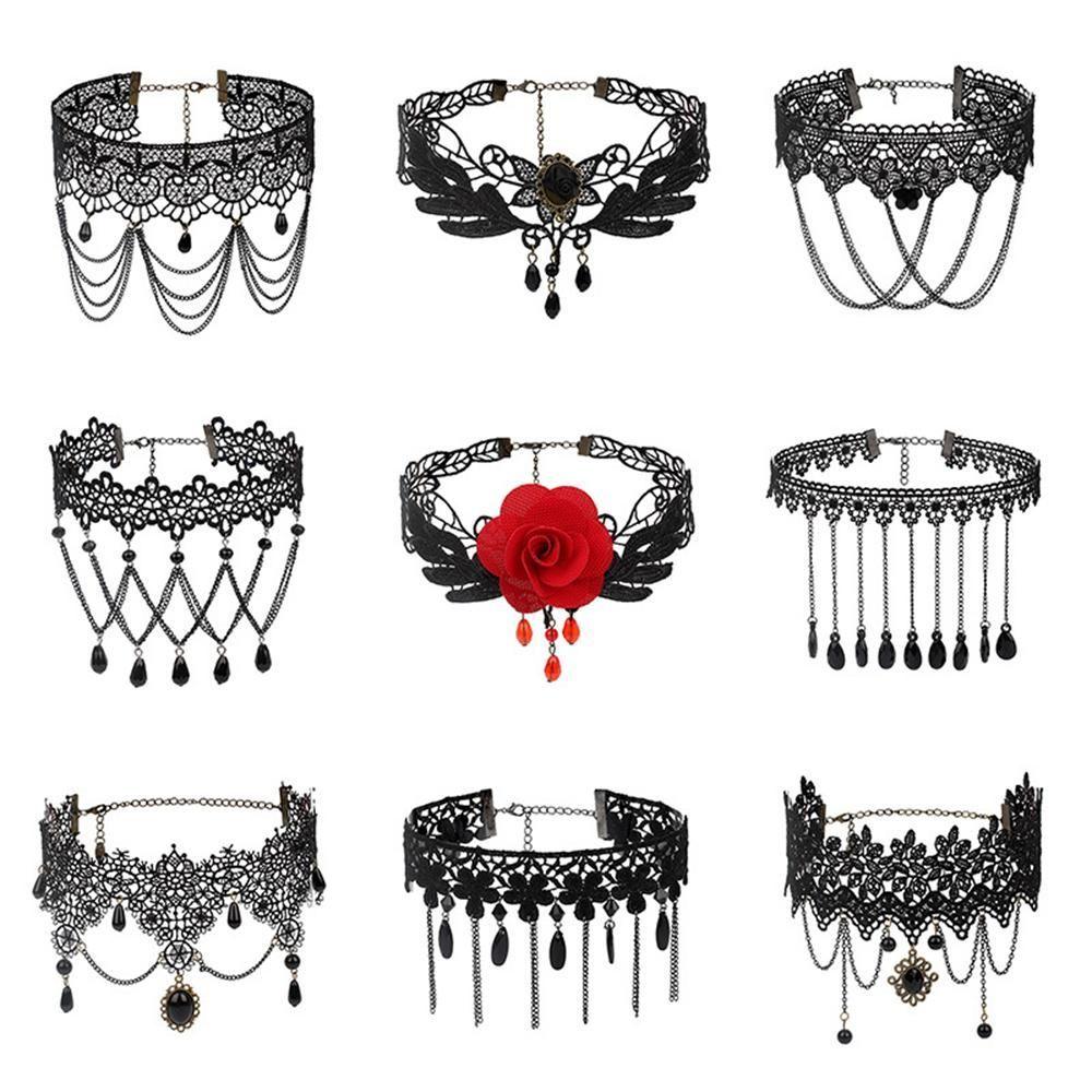 pcs Crystal Steampunk Style Boho Jewelry Gothic Necklace Gemstone Pendant Collar Chocker Black Lace