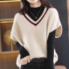 Осенне-зимний женский вязаный жилет с v-образным вырезом, свободный вязаный жилет с цветными блоками, вязаный свитер без рукавов