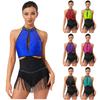 Womens Latin Jazz Dance Leotard Allover Rhinestones Tassel Skirt Backless Contrast Color Bodysuit