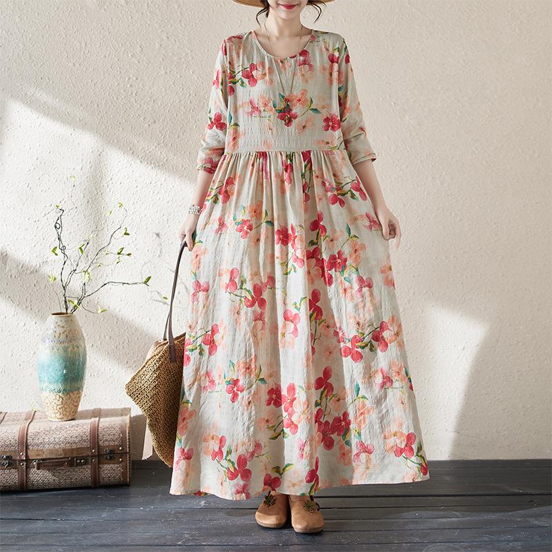 Women's Printing Long Sleeve Dresses Fashion Elegant Long Dress Loose Round Neck Beach Resort Style Casual Dresses