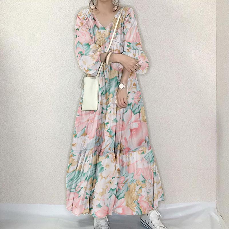 ZANZEA Women Casual V-neck Floral Print Long Sleeve Long Dress