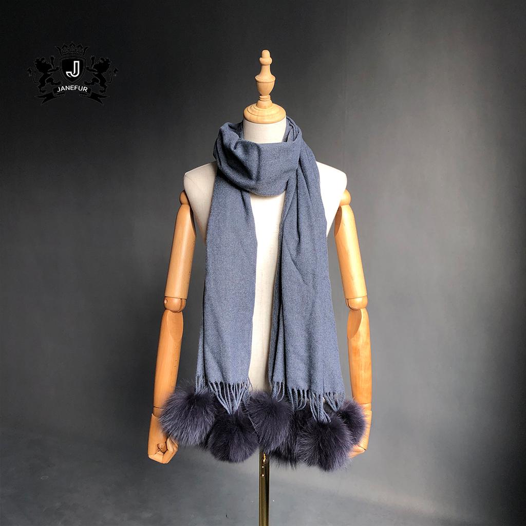 Factory Direct  Pashmina Shawl Women Cashmere Scarf Shawl With Fox Fur Pompoms