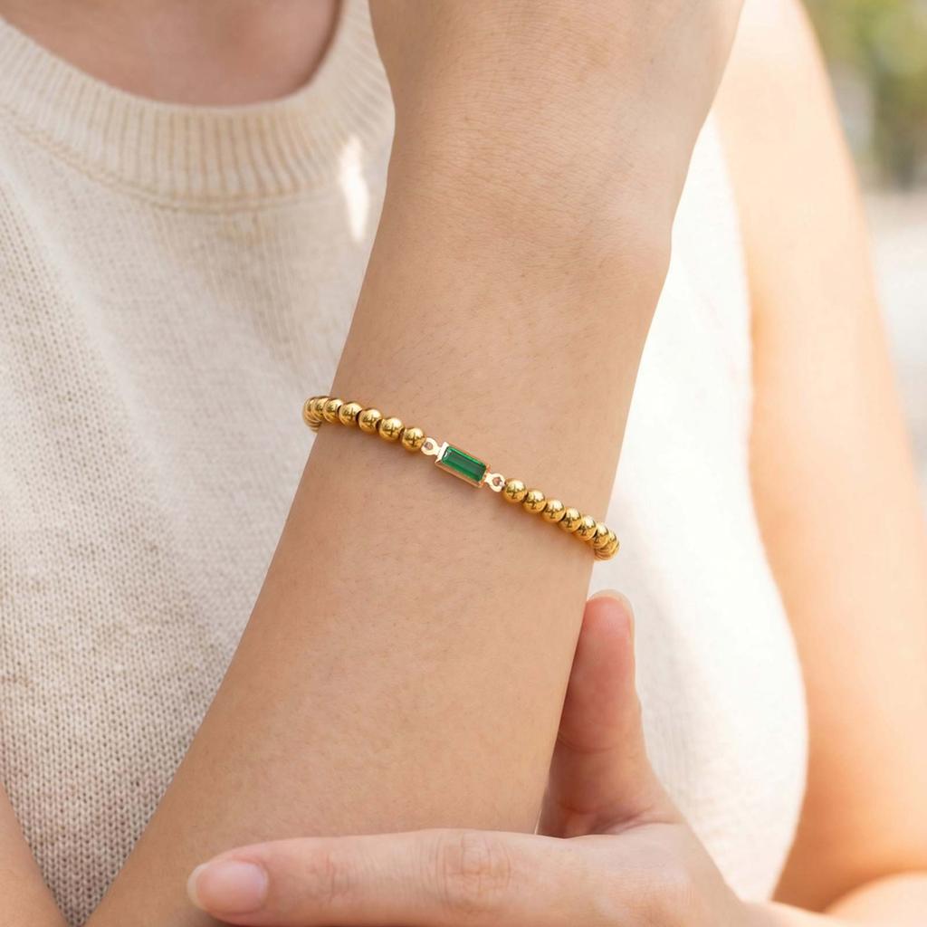 Chic Birthstone Bracelet for Women Elastic 18K Gold Plated Stainless Steel Bead Bracelets Friendship Birthday Jewelry Gifts