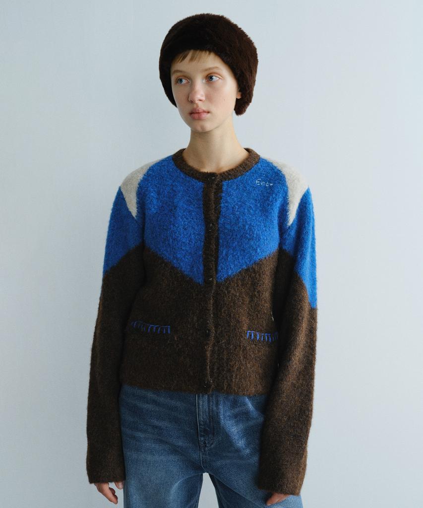 EN OR Color Block Crew Neck Cardigan - Blue