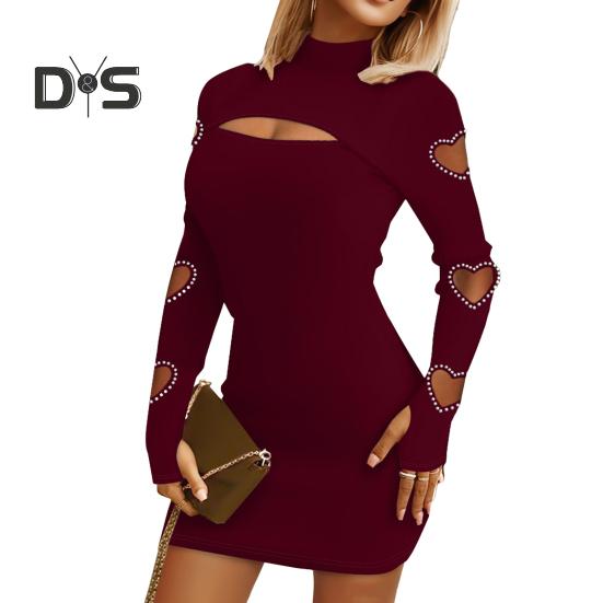 Out Hollow Women Dress Lace Skinny Sheath Solid Color Half High Collar Elastic Soft Flower Applique Cutout Heart Above Knee Mini Dress
