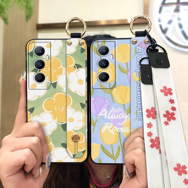Phone Holder Durable Phone Case For Realme C65 Oil Painting Anti-dust Flower Silicone Shockproof Wristband Waterproof