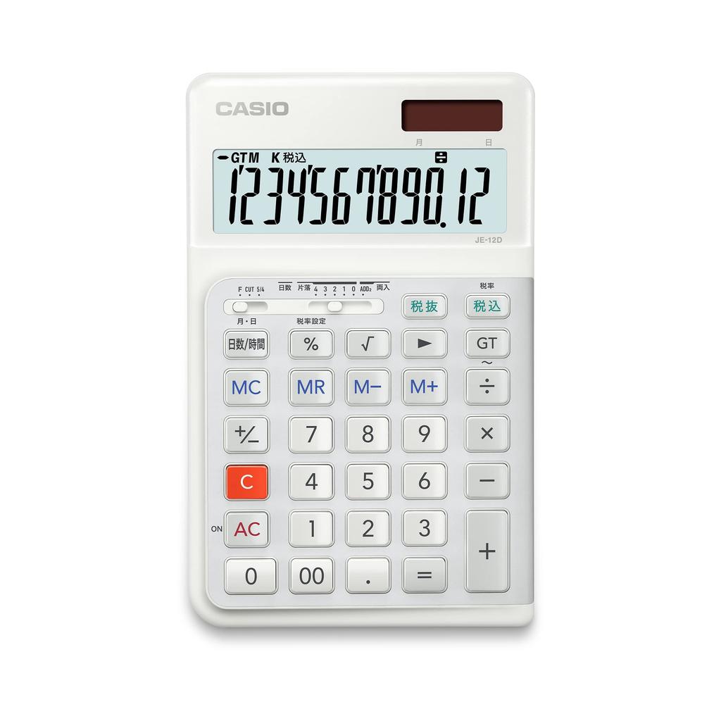 Casio Ergonomic Day Time Calculation Just Eco Mark Certified Calculator, 12-Digit, & Function, Type, White, JE-12D-WE-N,