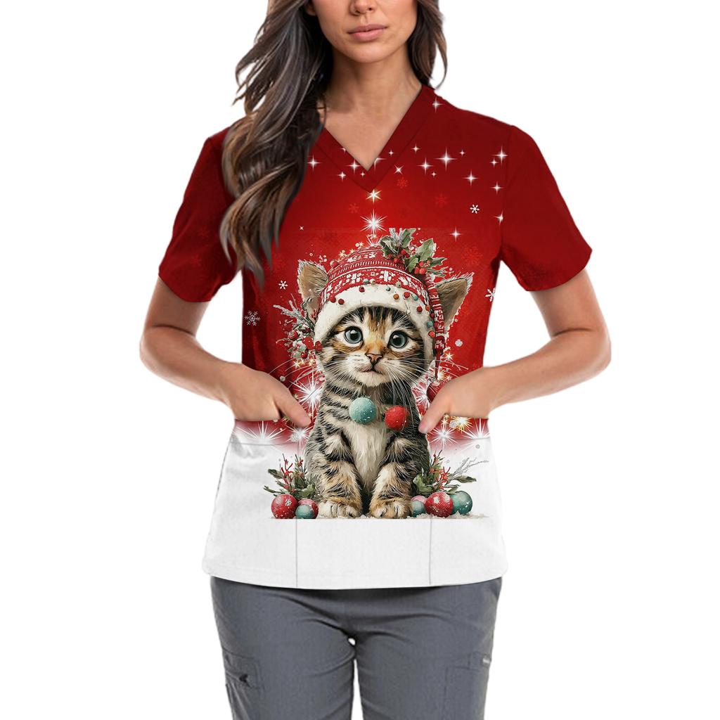 Женская милая блузка с принтом бантиков, рабочая одежда, V-образный вырез, двойной слой, карманы, базовая, с коротким рукавом, пуловер