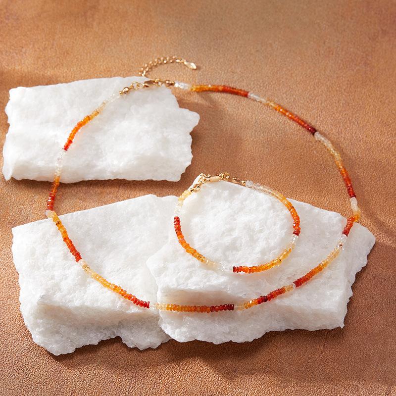 Natural Gemstone Fire Opal Colored Treasure Beaded Necklace Women'S Set S925 Sterling Silver Xiaohongshu Earrings Collarbone Chain