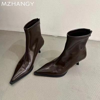 Женские кожаные ботильоны с острым носком, элегантные туфли на среднем каблуке, женская мода 2025 года, зимние туфли-лодочки, ботинки челси, женские ботинки